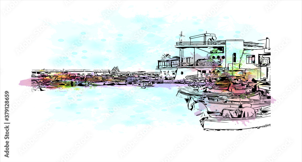Fototapeta premium Building view with landmark of Bari is a port city on the Adriatic Sea. Watercolor splash with hand drawn sketch illustration in vector.