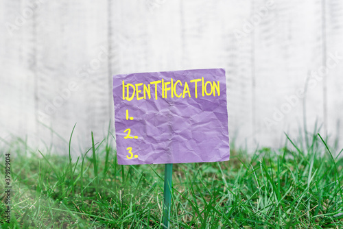 Conceptual hand writing showing Identification. Concept meaning proving an individual s is identity in the form of official papers Plain paper attached to stick and placed in the grassy land photo