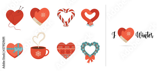 Winter love. Collection of concept icons, elements with red hearts in different shapes: scarf, mug, gift box, mittens and candy. Flat vector icons, isolated on white. Concept Christmas vector design