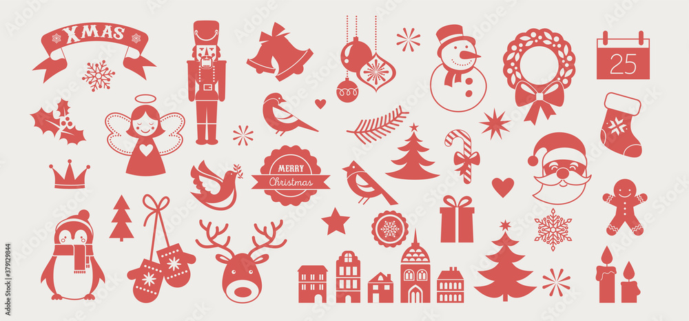 Naklejka premium Flat Christmas icons, element for patterns, cards, apps stickers, vector background