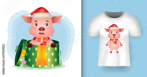 cute pig christmas characters using santa hat and scarf in the gift box with t-shirt design