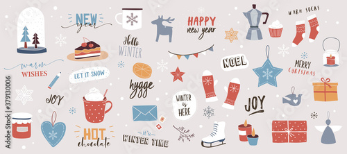 Collection of Christmas decorations, holiday gifts, winter knitted woolen clothes, ginger bread, trees, gifts and penguin. Colorful vector illustration in flat cartoon style.