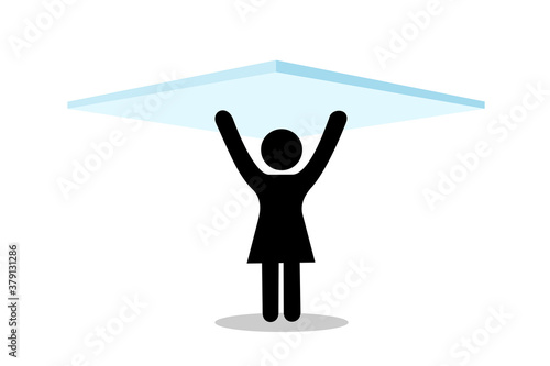 Glass ceiling - woman and femaile is under, bellow and underneath invisible barrier. Obstacle and limit based on gender and sex. Vector illustration isolated on white.