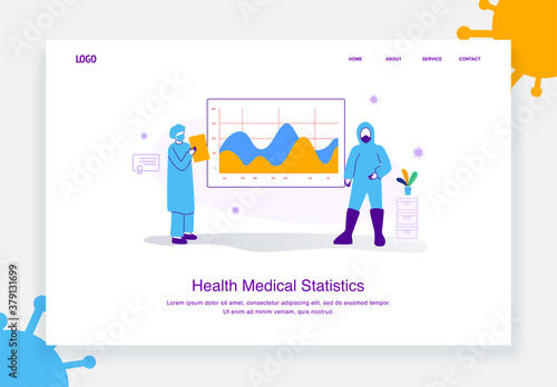 flat illustration concept of medical team showing health data analysis, covid 19 diagram statistic for landing page template