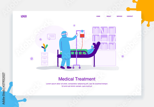 flat illustration concept of a doctor who uses a hazmat suit treating a patient, covid 19 for landing page template