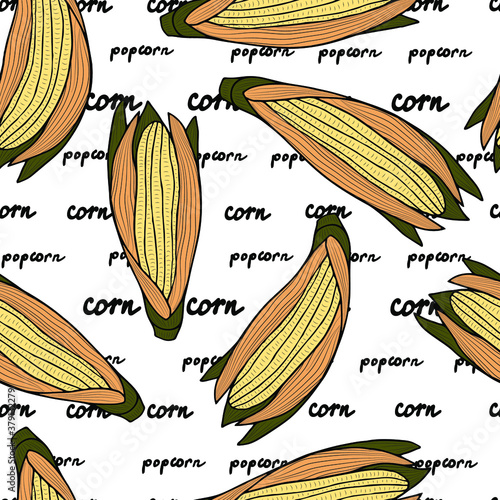 Ripe corn cobs and handwritten text on a white background. Autumn vegetable harvest.Vector seamless pattern. 