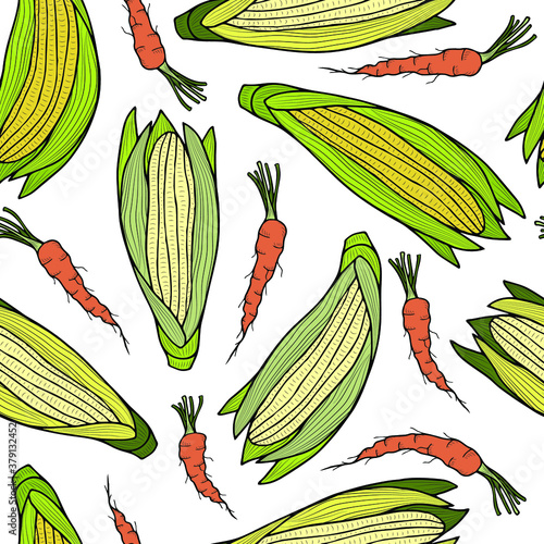 Corn cobs and carrots on a white background. Vector seamelss pattern. Autumn vegetables.