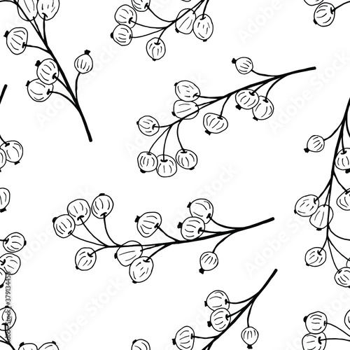 Monochrome sketch of branches with berries on a white background. Vector seamless pattern. Design for cloth, card, print, wrapping. 