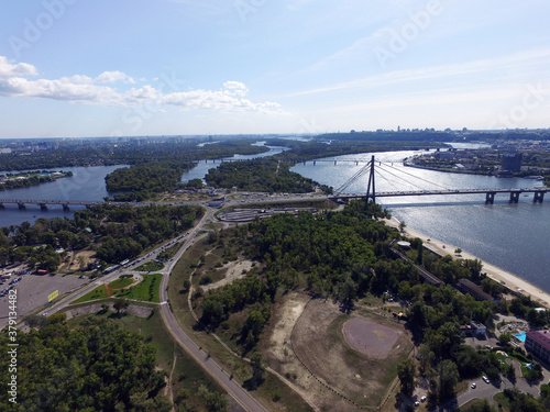 Aerial drone view of Kiev cityscape, Dnepr river. (drone image).