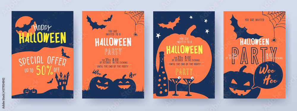 Halloween Party invitations, greeting cards, or posters Set with ...