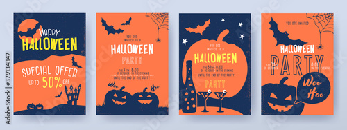 Halloween Party invitations, greeting cards, or posters Set with calligraphy, cutest pumpkins, bats in night clouds and other traditional symbols. Design template for advertising, web, social media