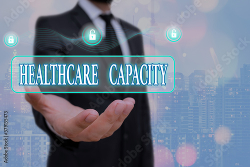 Writing note showing Healthcare Capacity. Business concept for maximum amount of patients provided with the right medical service Graphics padlock for web data information security application system photo