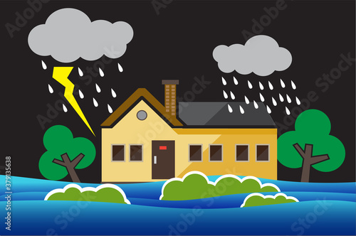 Flood natural disaster with house, heavy rain and storm , damage with home, clouds and rain, flooding water in city, Flooded house.