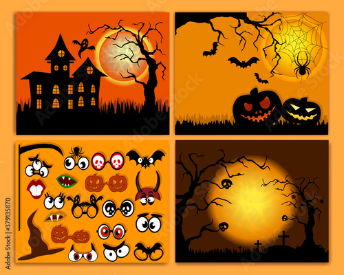 Set of flyers for halloween vector illustration. Templates of posters with terrible evening. Halloween party greeting cards. Banners set.