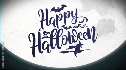 carte ou bandeau sur "happy halloween" en noir et bleu écrit sur la lune blanche sur un fond vert avec une sorcière sur son balais, des chauves souris