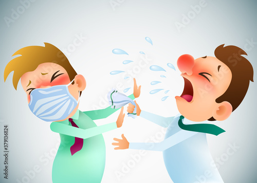 funny cartoon sick man sneezing and coughs on a healthy man in mask. vector illustration 