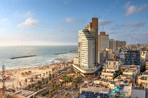 Tel Aviv waterfront and skyline during a sunny evening, Israel