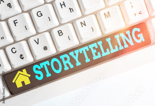 Text sign showing Storytelling. Business photo showcasing relater of anecdotes, reciter of tales, writer of stories Different colored keyboard key with accessories arranged on empty copy space photo