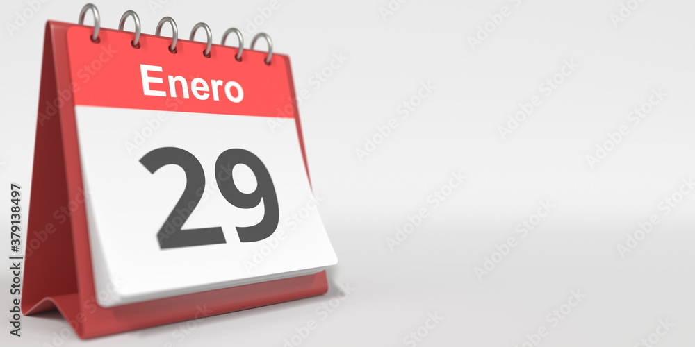 January 29 date written in Spanish on the flip calendar, 3d rendering January 29 date written in Spanish on the flip calendar, 3d rendering