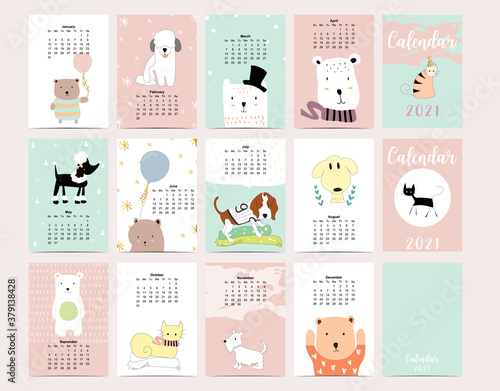 Cute animal calendar 2021 with dog, cat, bear for children, kid, baby.Can be used for printable graphic.Editable element