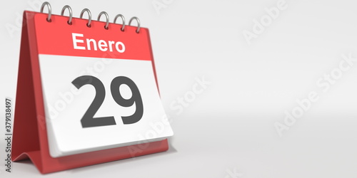 January 29 date written in Spanish on the flip calendar, 3d rendering