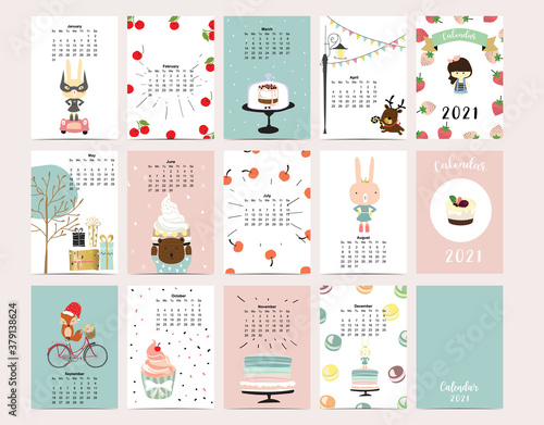 Cute animal calendar 2021 with rabbit  fox  bear for children  kid  baby.Can be used for printable graphic.Editable element