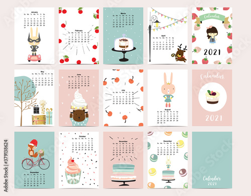 Cute animal calendar 2021 with rabbit, fox, bear for children, kid, baby.Can be used for printable graphic.Editable element