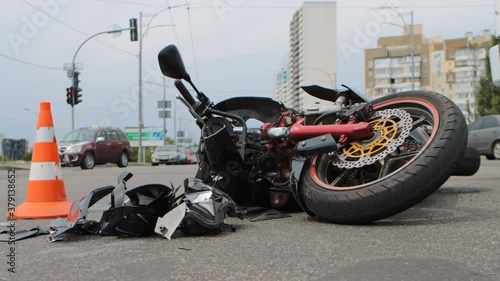 Motorcycle crash on the road. Accident site.