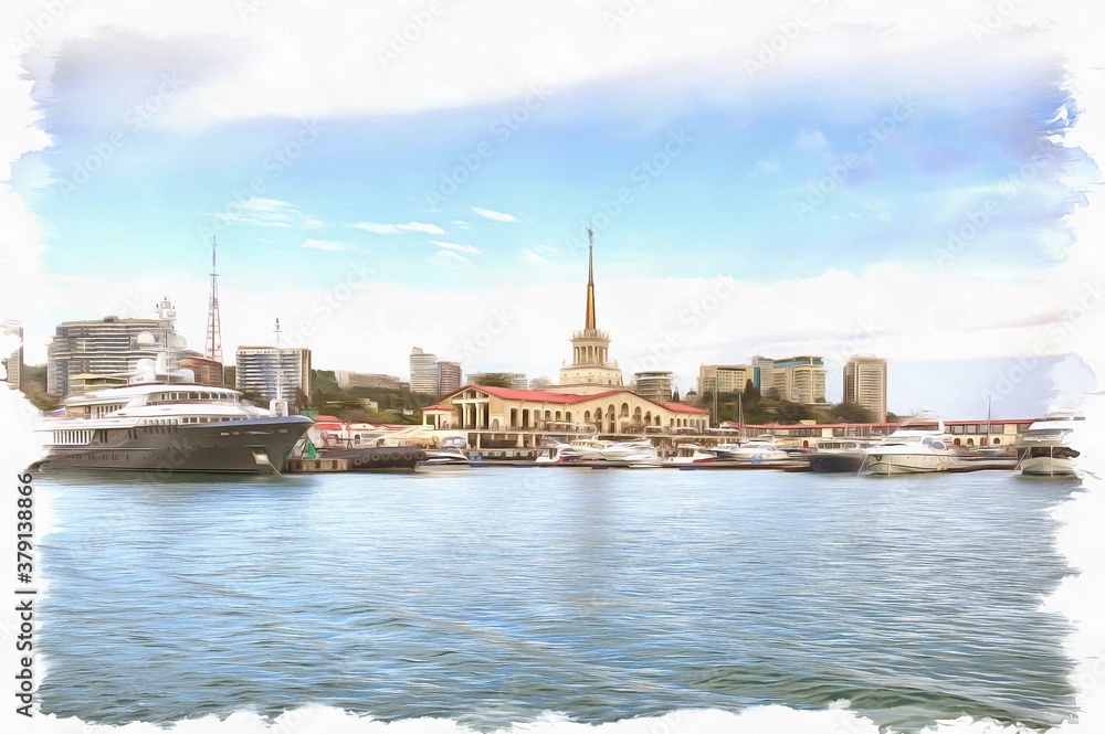Naklejka premium City Sochi. Marine port. Imitation of a picture. Oil paint. Illustration