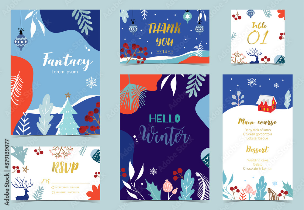 Collection of winter background set with tree,raindeer,flower,leaves.Editable vector illustration for christmas invitation,postcard and website banner