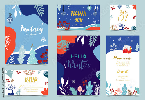 Collection of winter background set with tree,raindeer,flower,leaves.Editable vector illustration for christmas invitation,postcard and website banner