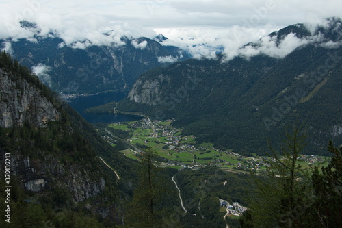 View of Obertraun,Hallstatt and Lake Hallstatt from the caves at Mount Krippenstein in Upper Austria,Europe 