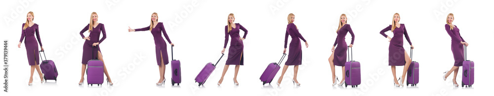 Woman preparing for vacation with suitcase on white Woman preparing for vacation with suitcase on white