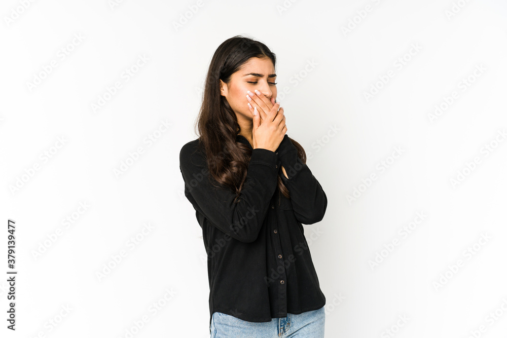 Young indian woman isolated on purple background suffers pain in throat due a virus or infection. Young indian woman isolated on purple background suffers pain in throat due a virus or infection.
