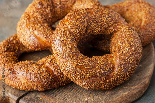 Turkish bagel Simit on wooden table