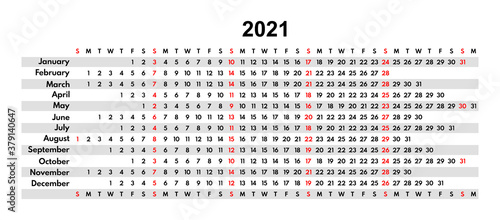 minimalistic calendar 2021 full year grid, each month in line
