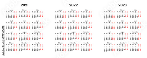 simple 2021 2022 2023 german calendar grid, starts monday, two weekend