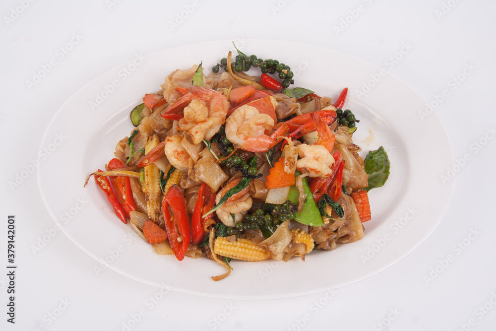 Spicy stir fried flat noodle with prawn and holy basil leaves Spicy stir fried flat noodle with prawn and holy basil leaves