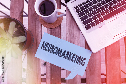 Word writing text Neuromarketing. Business photo showcasing field of marketing uses medical technologies such as fMRI Paper accesories with digital smartphone arranged on different background photo