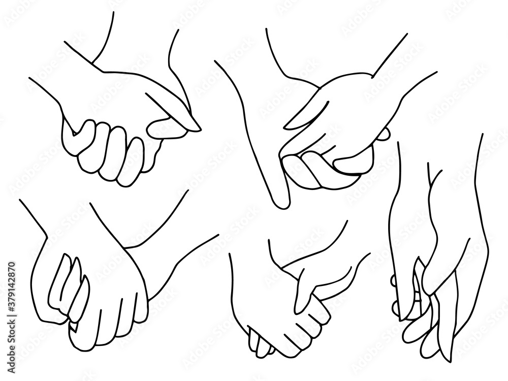 Set of outlined hands holding each other. Woman and man. Male and female. Togetherness, friendship and love concept. Simple vector isolated drawing. For print, poster, sticker and advertising
