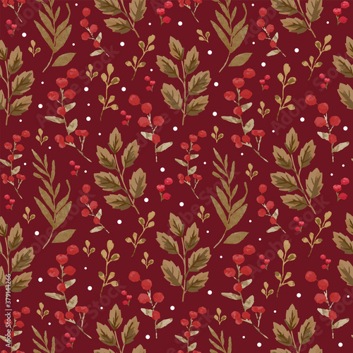 Seamless Christmas pattern with red holly berry vector illustration. Elegant wallpaper gold leaves and snow. Vintage theme perfect for wrapping paper, holidays, textile, fabric, winter, and autumn.
