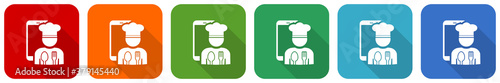 Mobile phone, online restaurant, chef icon set, flat design vector illustration in 6 colors options for webdesign and mobile applications