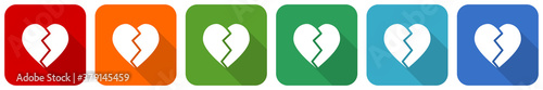 Broken heart icon set, flat design vector illustration in 6 colors options for webdesign and mobile applications