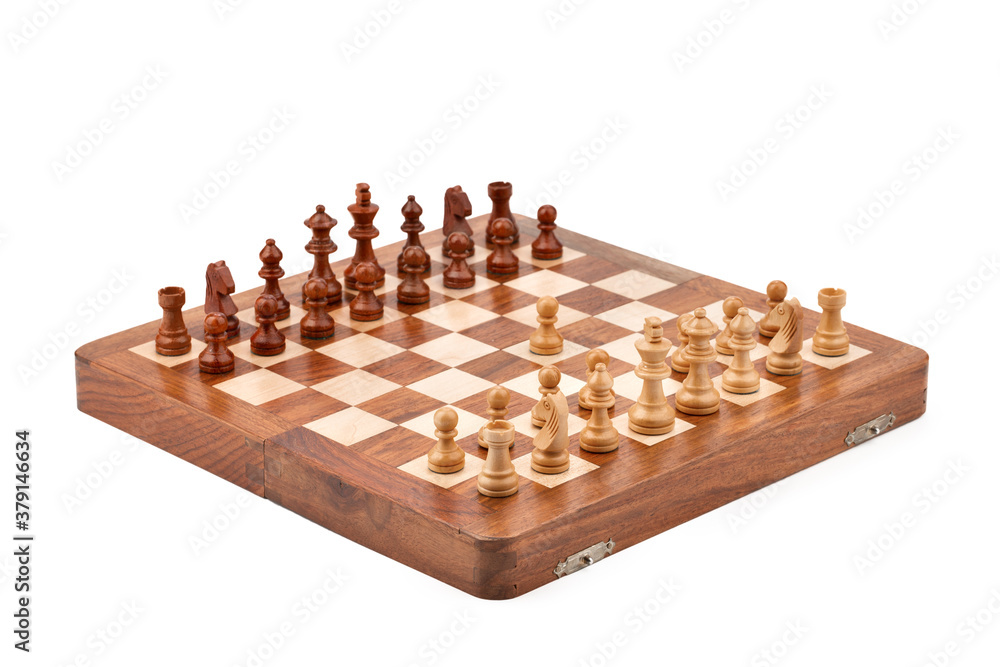 wooden chessboard with pieces and pawns in light and dark brown tones, isolate on a white background wooden chessboard with pieces and pawns in light and dark brown tones, isolate on a white background