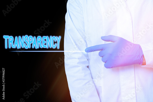 Conceptual hand writing showing Transparency. Concept meaning something transparent especially a picture viewed by light Displaying Sticker Paper Accessories With Medical Gloves On photo