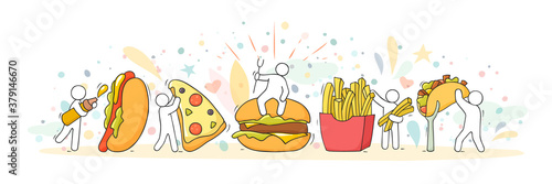 Cartoon set with little people and Fast food