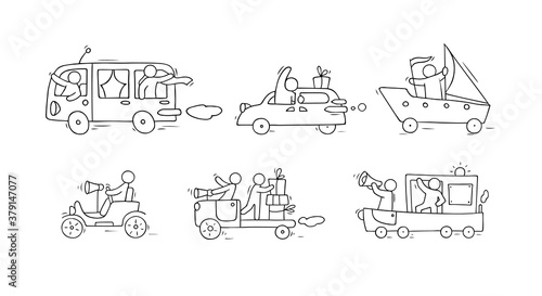 Sketch set with cute cars and people