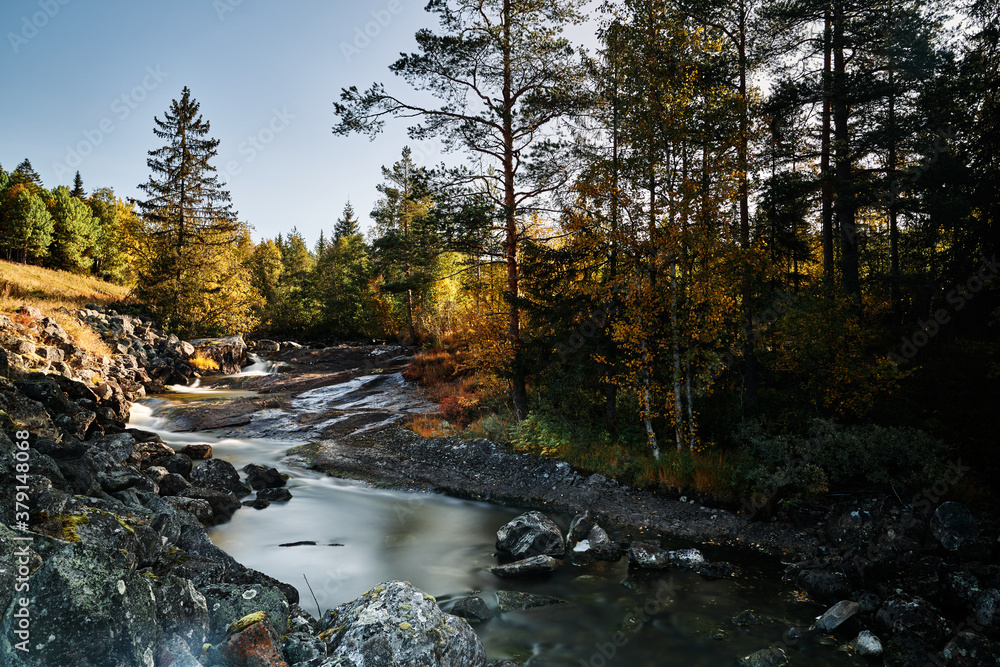 Long exposure of a river in autumn landscape. Wild nature of Norway, Hallingdal. Long exposure of a river in autumn landscape. Wild nature of Norway, Hallingdal.