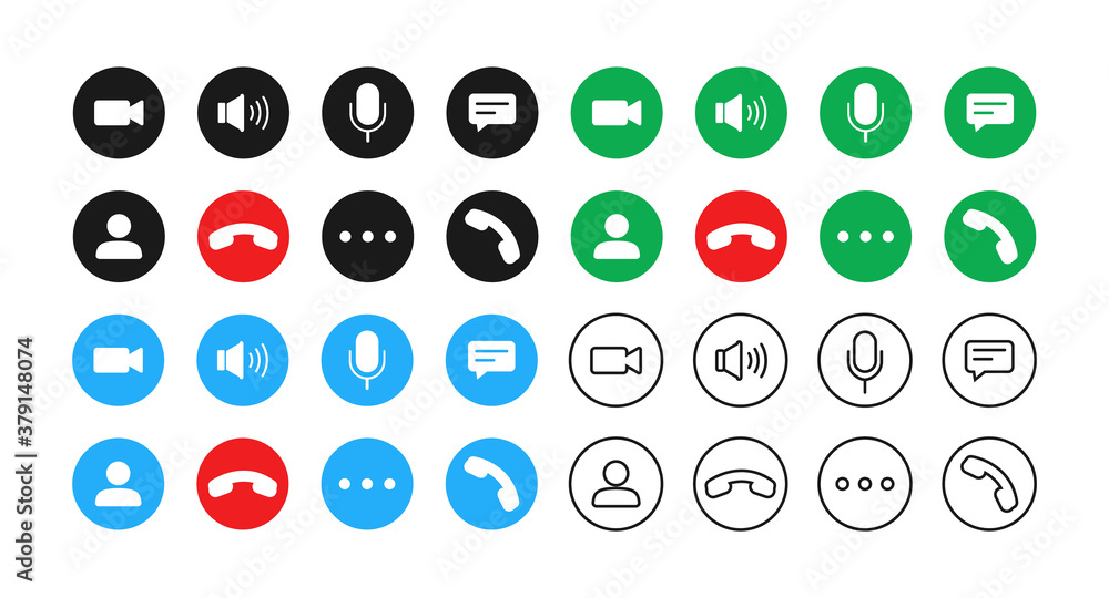 Video call buttons set. Collection of internet conversation buttons. A set of video communication elements. Video call buttons set. Collection of internet conversation buttons. A set of video communication elements.