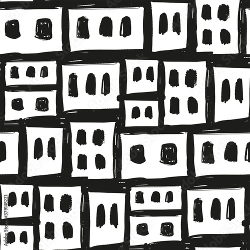 Black contour houses in favela isolated on white background. Monochrome seamless pattern. Vector flat graphic hand drawn illustration. Texture.